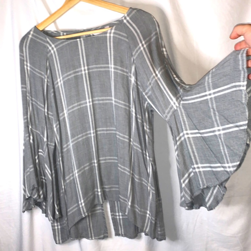 Lauren Conrad Gray Plaid Blouse w/ Bell Sleeves